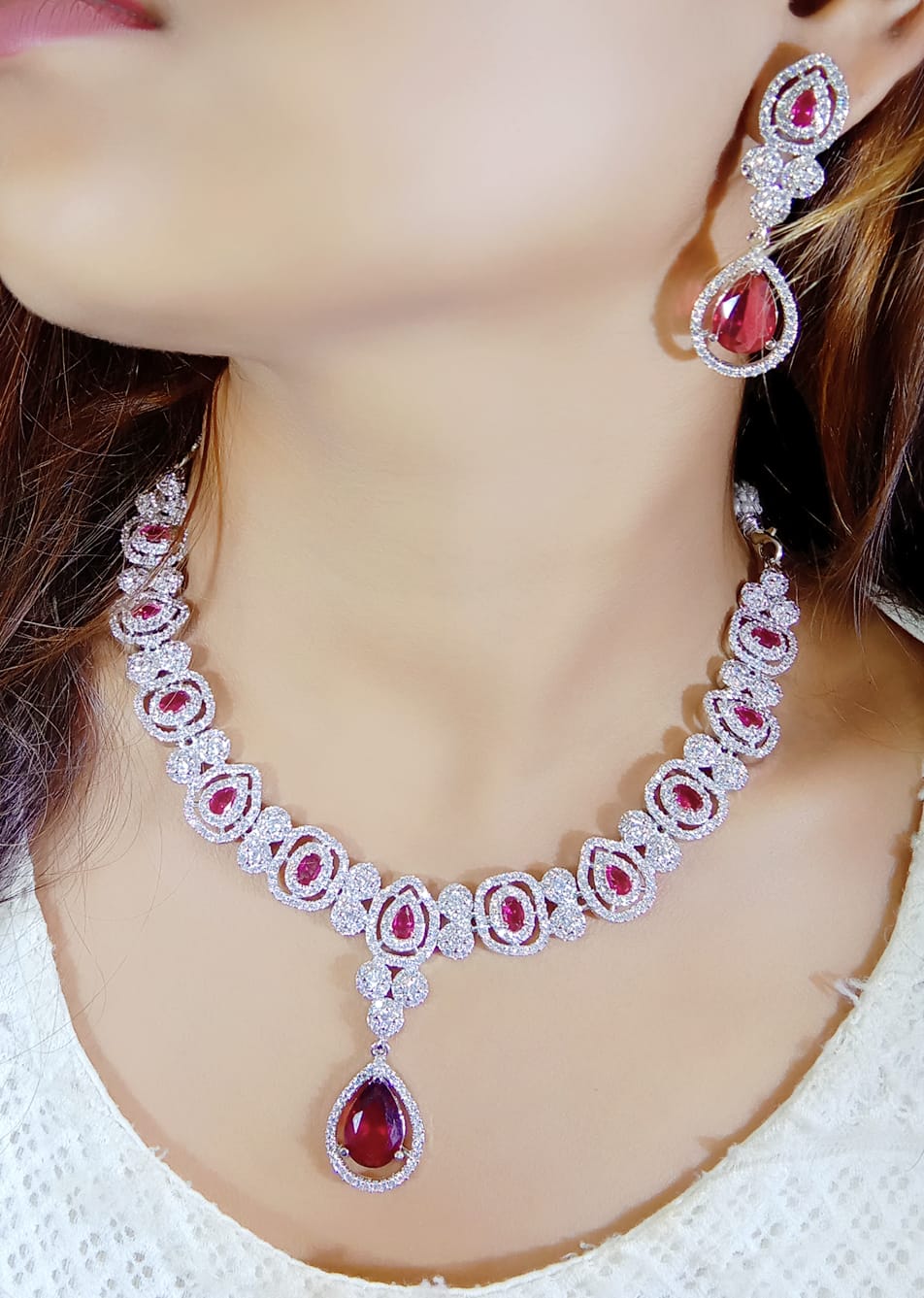 Luxury CZ Diamond Look Necklace Set with Earrings for Women – Bridal & Party Wear Jewelry