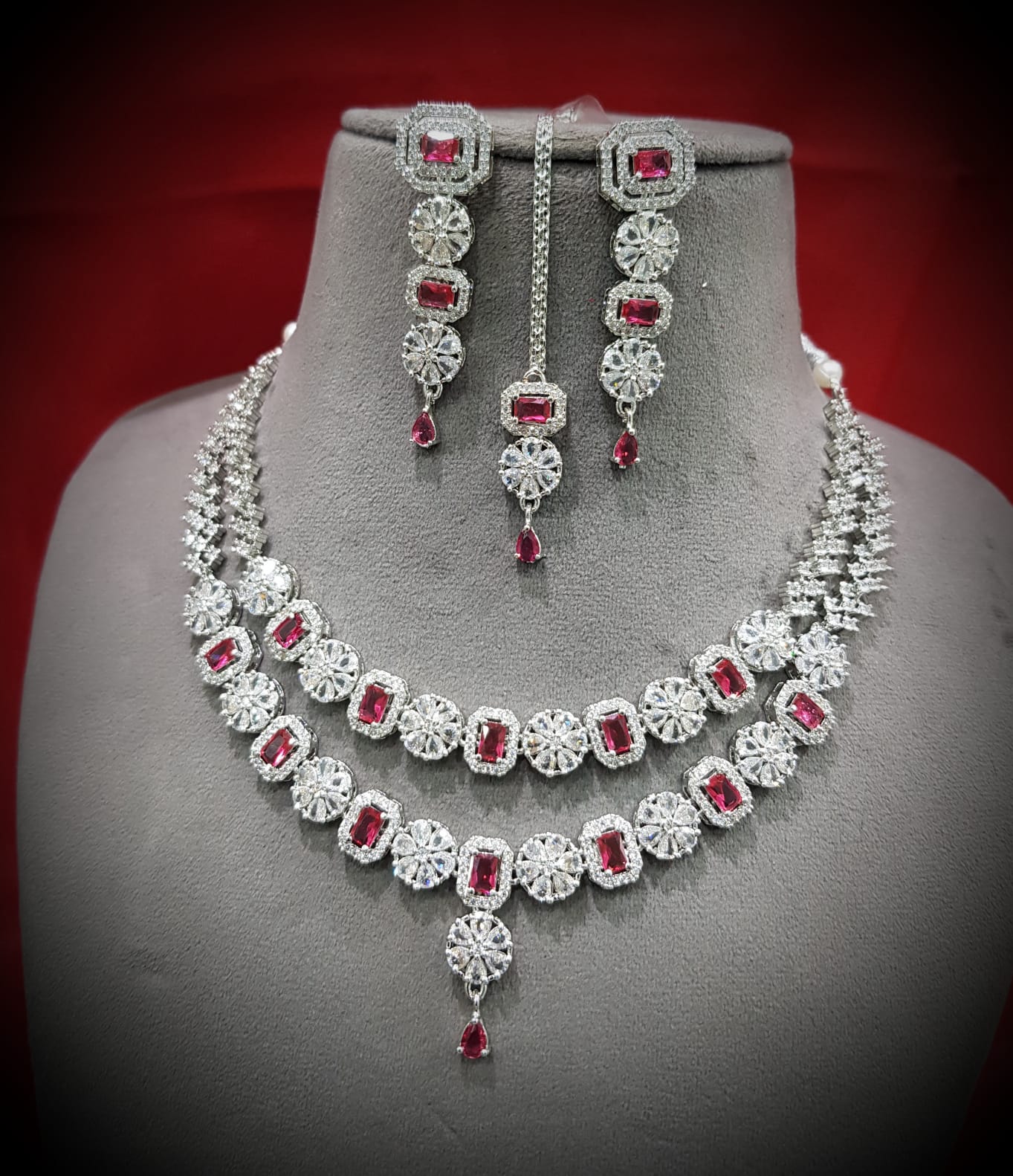 Luxury CZ Diamond Look Necklace Set with Earrings for Women – Bridal & Party Wear Jewelry