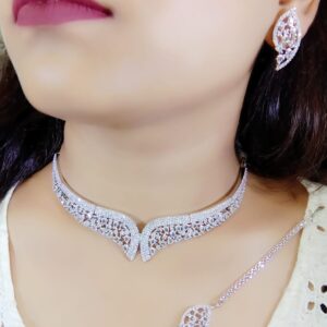 Silver Plated AD CZ Necklace Set with Earrings/ Elegant Bridal & Party Jewelry