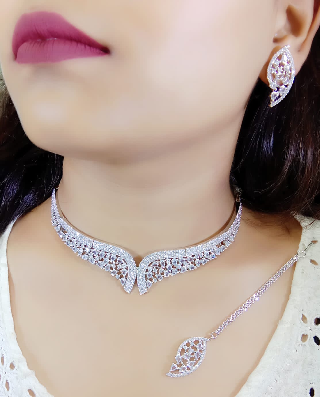 Silver Plated AD CZ Necklace Set with Earrings/ Elegant Bridal & Party Jewelry