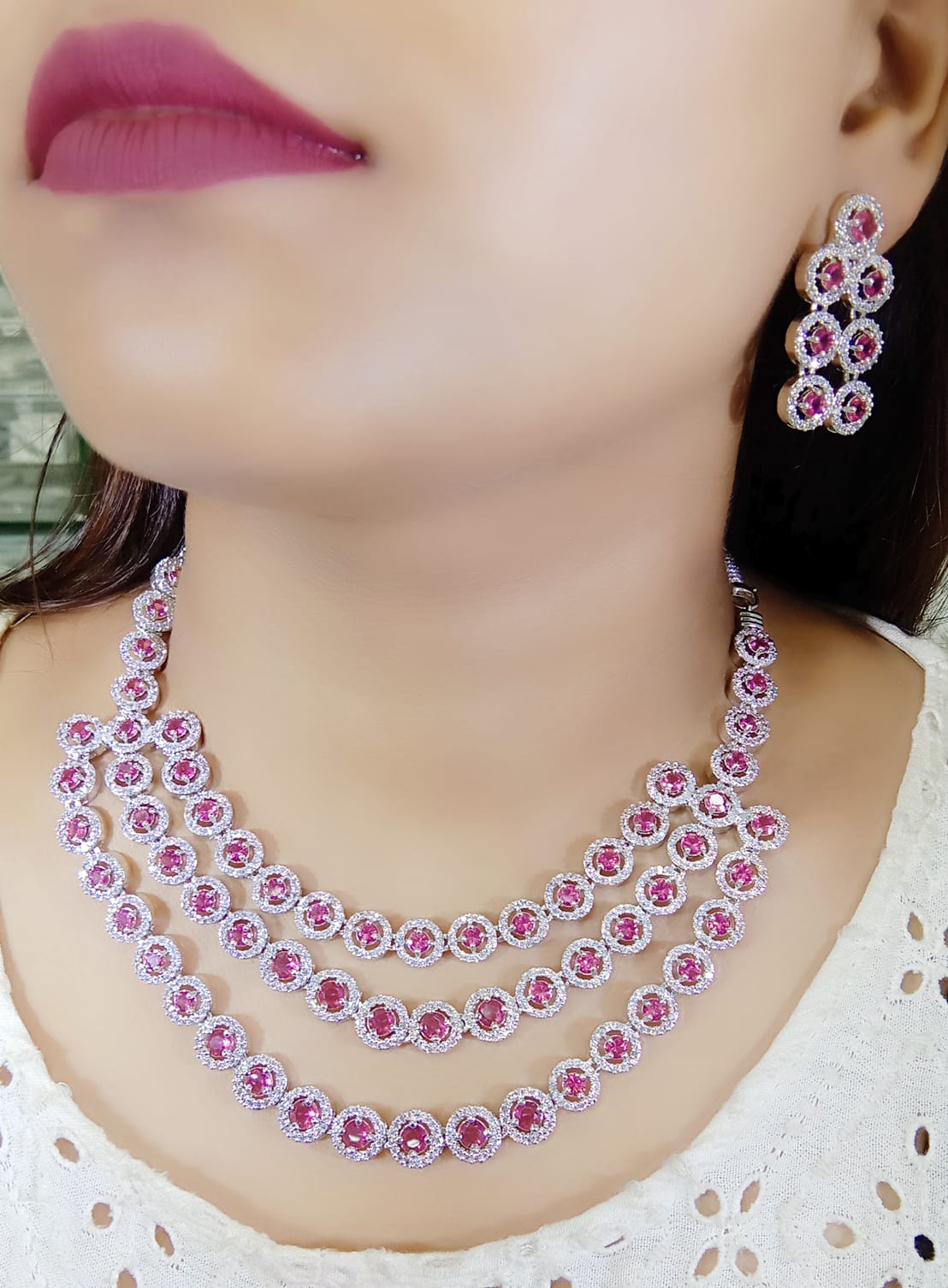 Three Layer American Diamond CZ Necklaces Wedding Jewelry