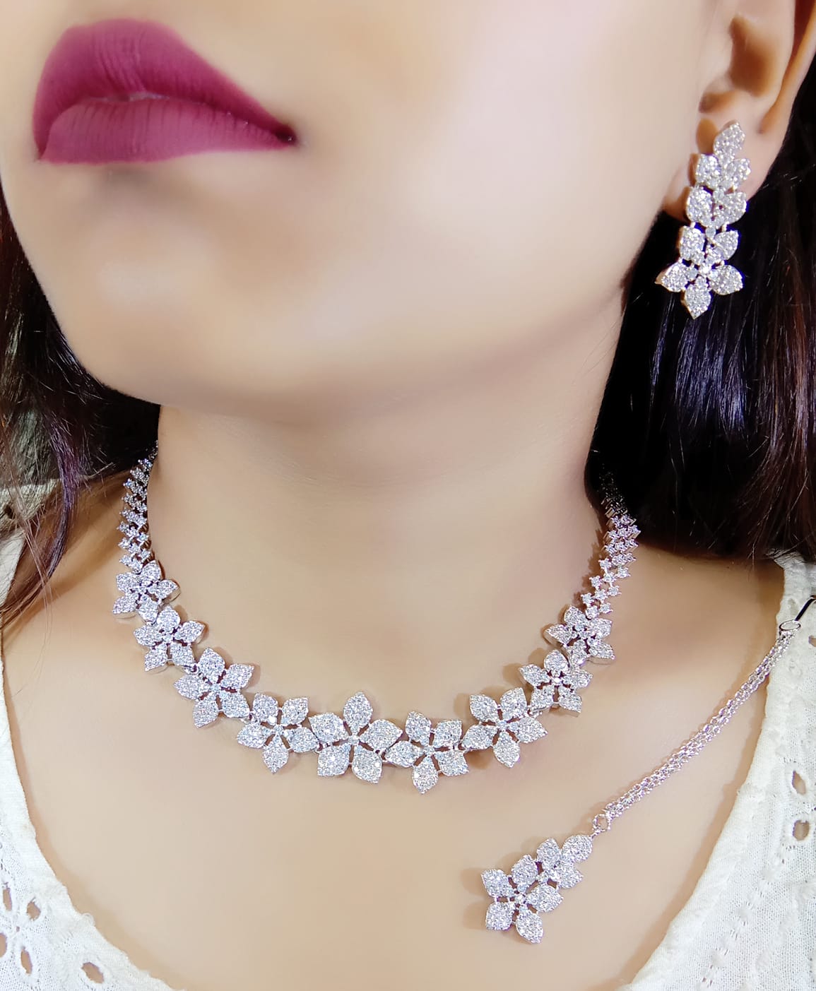 Floral American Diamond Necklace Set with Earrings – Elegant Bridal & Party Wear Jewelry
