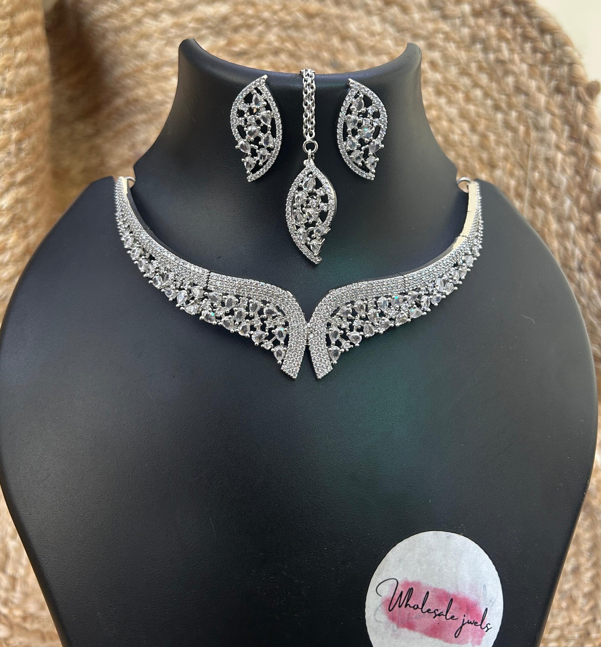 Silver Plated AD CZ Necklace Set with Earrings/ Elegant Bridal & Party Jewelry - Image 2