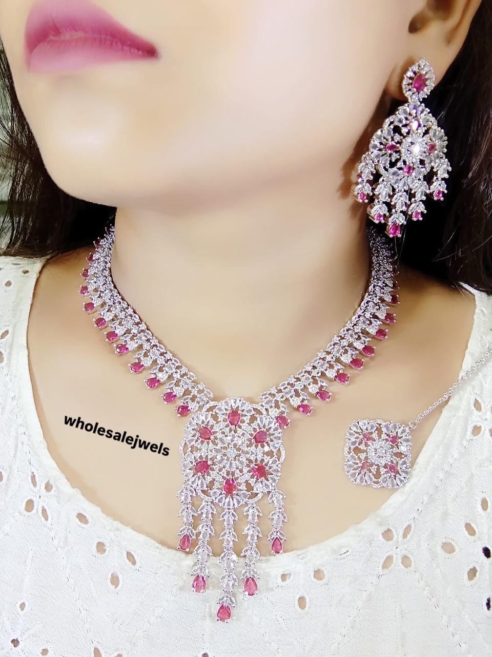 American Diamond CZ Long Jewelry Pendant Necklace Set