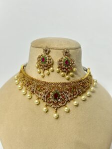 AD Ruby Green Stone Pearl Choker Necklace Set for Women – Gold-Plated Bridal Jewelry with Earrings