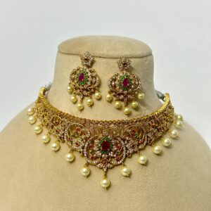 AD Ruby Green Stone Pearl Choker Necklace Set for Women – Gold-Plated Bridal Jewelry with Earrings