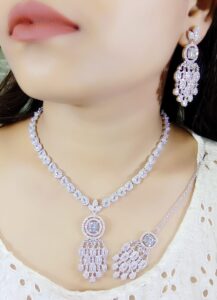 Elegant AD CZ Pink Stone Necklace Set with Earrings & Maang Tikka – Bridal Party Jewelry