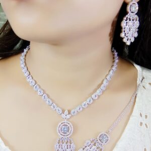 Elegant AD CZ Pink Stone Necklace Set with Earrings & Maang Tikka – Bridal Party Jewelry