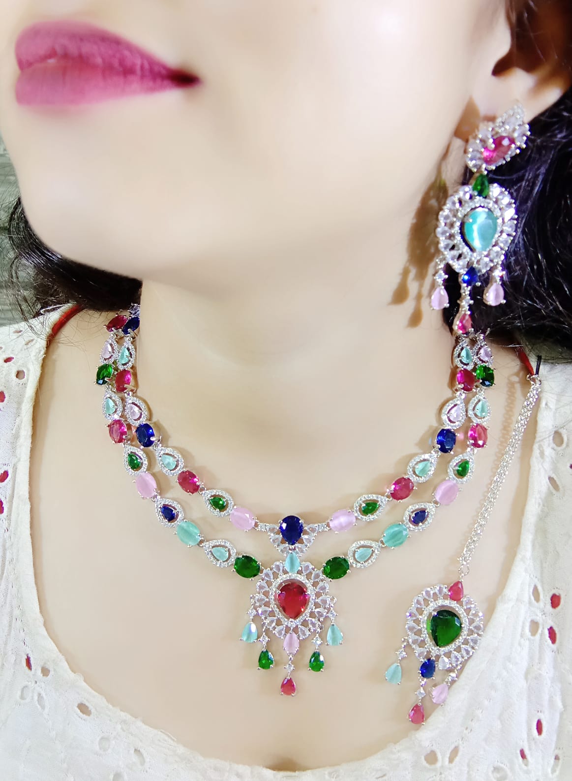 Double Layer American Diamond Necklaces Set for Wedding & Party wear