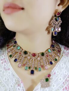 Elegant AD CZ Necklace Set with Earrings & Maang Tikka – Bridal Party Jewelry