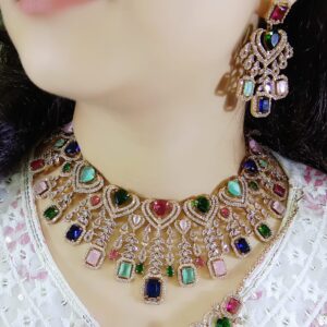 Elegant AD CZ Necklace Set with Earrings & Maang Tikka – Bridal Party Jewelry
