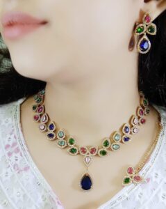 American Diamond Gold Plated CZ Necklace set for wedding & Party