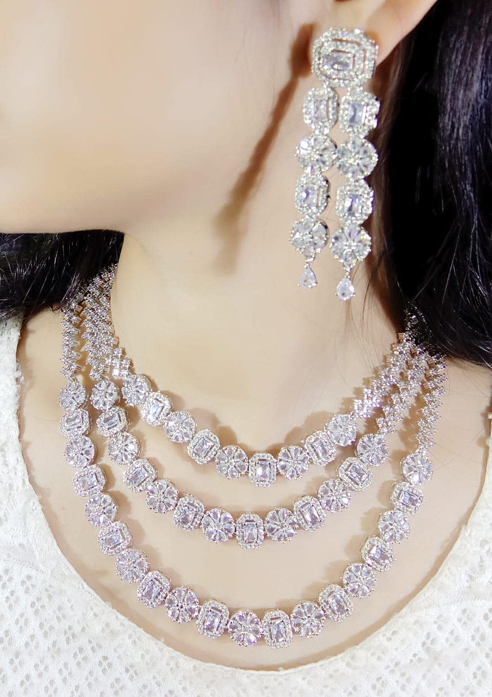 Three Layer American Diamond CZ Necklaces Set for wedding & Party