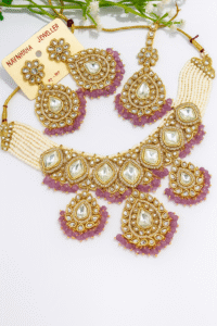 Traditional Kundan Choker Set with Purple Beaded Drops & Earrings