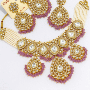 Traditional Kundan Choker Set with Purple Beaded Drops & Earrings