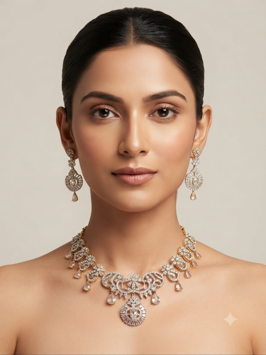 American Diamond CZ Necklace Set Wedding Bridal Jewelry Set - Image 2